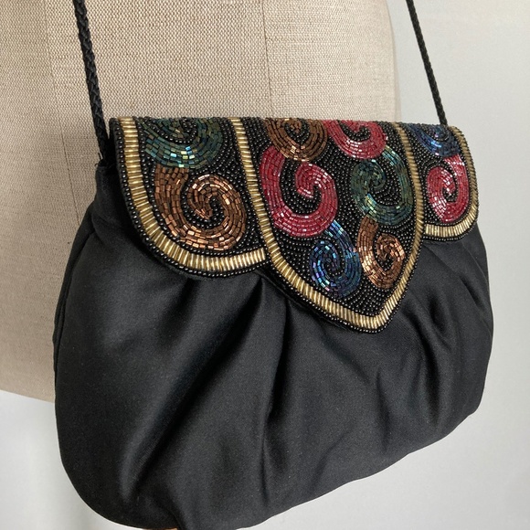 1990s Beaded Black Evening  Bag with Cord Shoulder Strap - Picture 1 of 6
